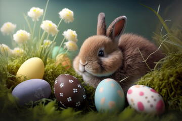 Cute rabbit with Easter Eggs , Generative Ai