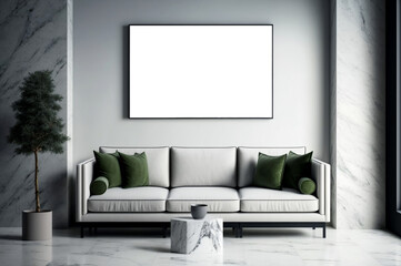big blank frame on modern living room with minimalist sofa and granite floor