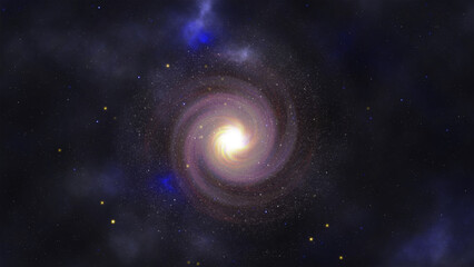 Realistic spiral galaxy with bright blue yellow and red stars on dark space background.