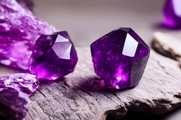 gemstone. gemstone on table. gem. jewelry. stunning. shinning. jewel. AI generated. amethyst. amethyst gemstone. amethyst crystal. amethyst gem. purple crystal.
