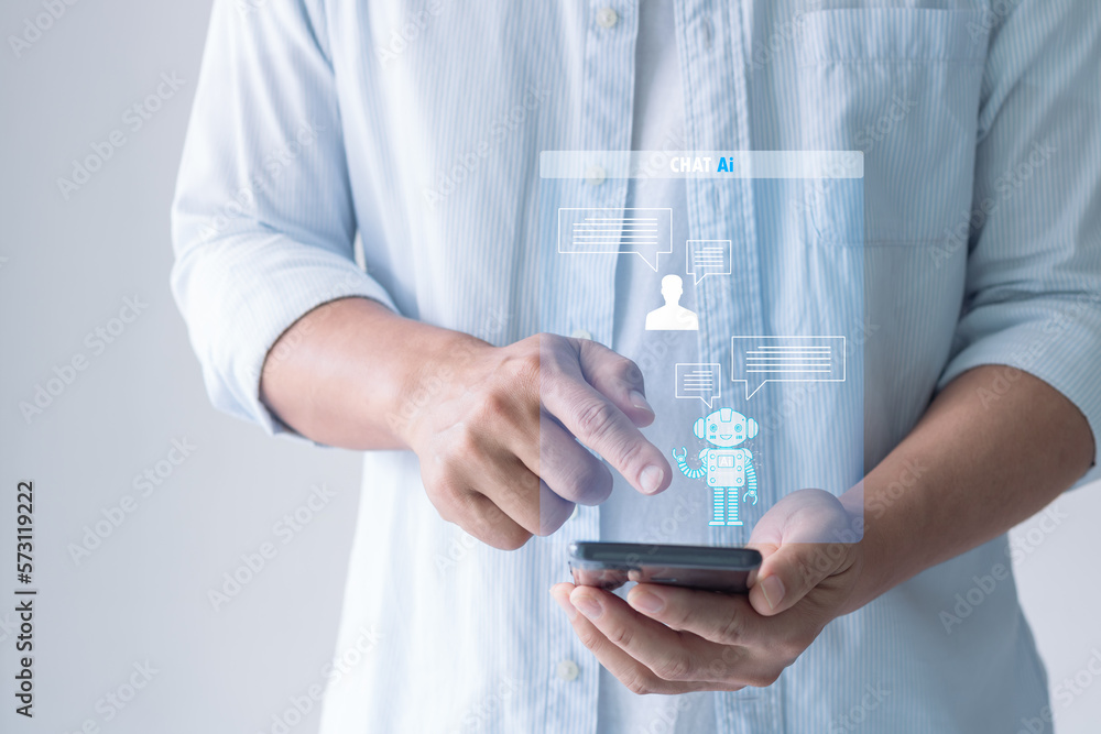Poster chat with ai, artificial intelligence. hand of businessman using smartphone chatting with chat bot, 