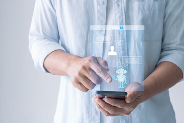 Chat with AI, Artificial Intelligence. Hand of businessman using smartphone chatting with chat bot, Chat with AI or Artificial Intelligence technology. Futuristic technology transformation.