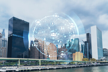 New York City skyline, United Nation headquarters over the East River, Manhattan, Midtown at day time, NYC, USA. Social media hologram. Concept of networking and establishing new people connections