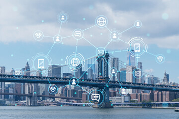 Brooklyn and Manhattan bridges with New York City financial downtown skyline panorama at day time over East River. Social media hologram. Concept of networking and establishing new people connections - obrazy, fototapety, plakaty