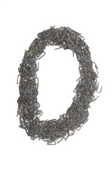 Obraz premium artistic number zero 0 made from steel staples isolated on a white background numeric, numeral, nothing, none, 