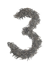 artistic number three 3 made from steel staples isolated on a white background numeric, numeral