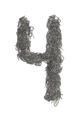 artistic number four 4 made from steel staples isolated on a white background numeric, numeral