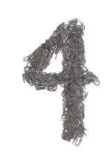 artistic number four 4 made from steel staples isolated on a white background numeric, numeral