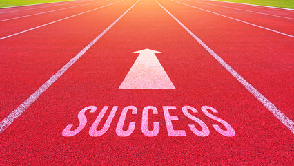 Success text written on an athletics track concept for business planning strategies and challenges or career path opportunities and change, road to success concept