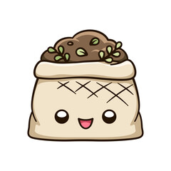 Burlap sack full of dirt and soil cute kawaii cartoon illustration. Gardening farming agriculture clipart.