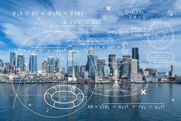 Plakat Seattle skyline with waterfront view. Skyscrapers of financial downtown at day time, Washington, USA. Technologies and education concept. Academic research, top ranking university, hologram