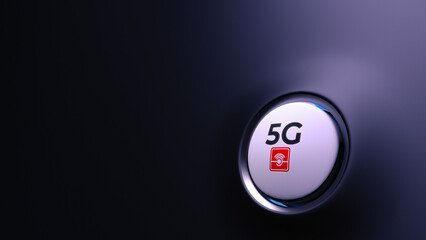 Power button is depicted in close-up on a dark background. 5G. Communication of the new generation. Copy spase. 3D rendering. Illustration.