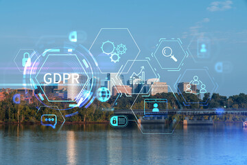 Panoramic view, Washington towards Arlington financial downtown, city skyline over Potomac River. Virginia, USA. GDPR hologram, concept of data protection regulation and privacy for all individuals