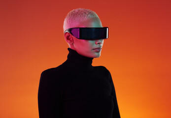 Woman, vr glasses and metaverse for augmented reality, digital transformation and future tech....