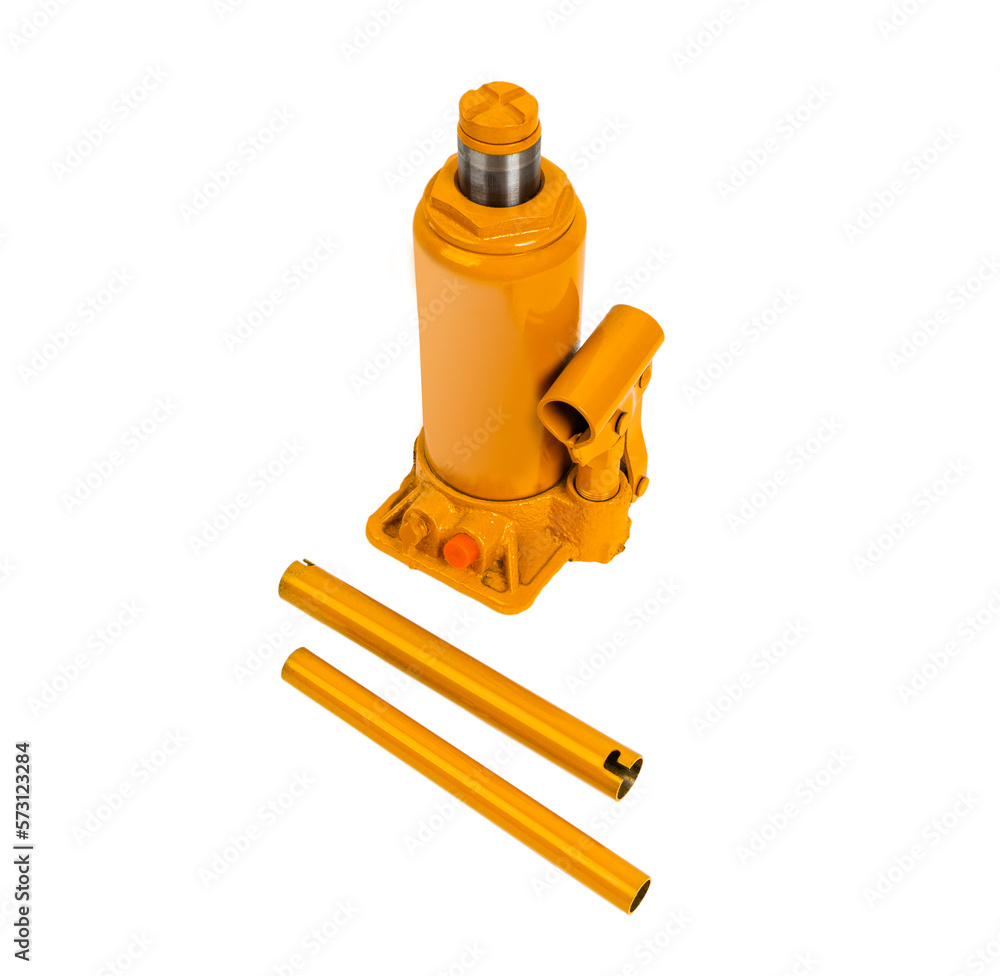 Wall mural orange hydraulic bottle car jack isolated over white background car lift extra safety measures