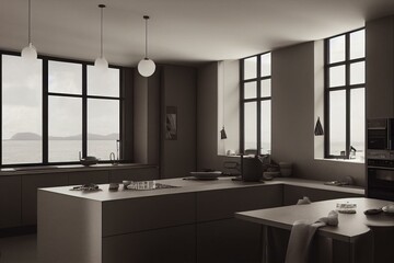 a kitchen by the sea and household appliances. Generative AI