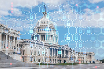 Obraz na płótnie Canvas Capitol dome building exterior, Washington DC, USA. Home of Congress and Capitol Hill. American political system. The concept of cyber security to protect confidential information, padlock hologram