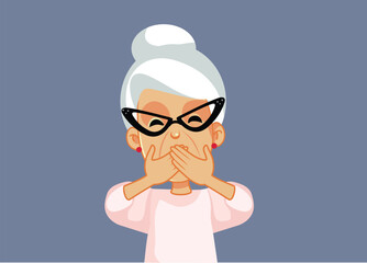 Senior Woman Feeling Sick or Keeping Secrets Vector Cartoon Illustration. Sad granny feeling nauseated or shocked reacting surprised

