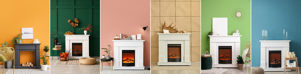 Collage of fireplaces with different domestic decorations near color walls