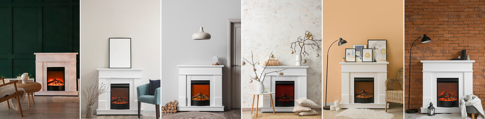 Collage of electric fireplace with different domestic decorations near walls in rooms