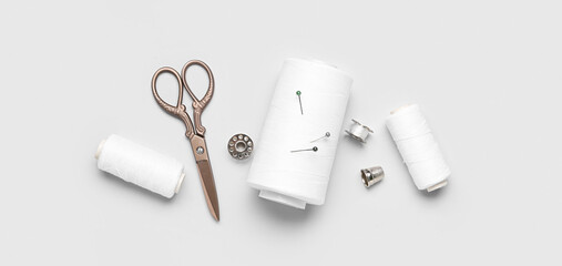Set of sewing supplies on light background