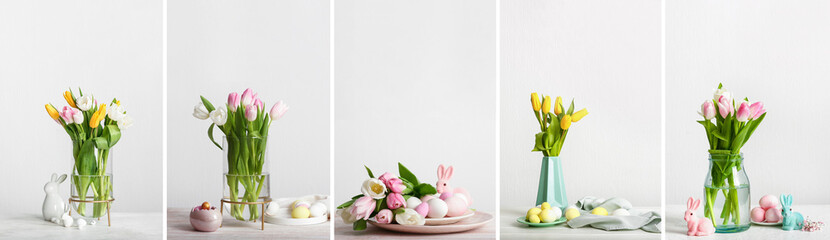 Collage with beautiful tulip flowers, Easter eggs and toy bunnies on light background