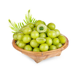 Indian gooseberry in a bamboo tray isolated on white background