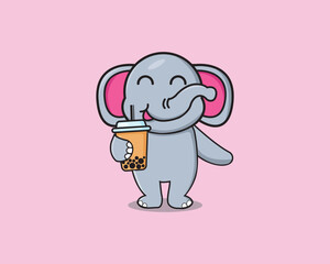 Obraz premium Cute Elephant Drink Boba Vector Design
