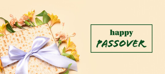 Greeting card for Passover with Jewish flatbread matza on beige background