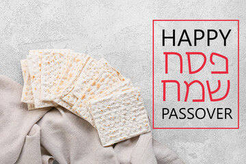 Banner for Happy Passover celebration with Jewish flatbread on grunge background