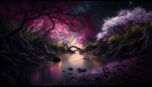 Dark painting style, river flowing through cherry blossom groves with Generative AI Technology.
