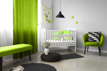 Interior of stylish children's room with comfortable crib and stylish furniture