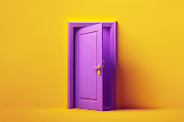 Open purple door on yellow background. Creative concept of accessibility, choice, exit. Generative AI illustration