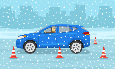 Winter time car drive practicing. Side view of student driver practicing a reverse parking. Back into a parking lot. Flat vector illustration template.