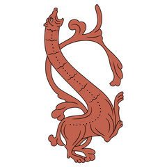 Medieval dragon with long neck and tail as floral branch. Medieval illuminated manuscript style. Isolated vector illustration.