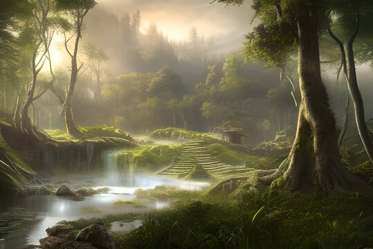 Gorgeous Grassy Tree Filled Valley River, Waterfall into Pond, Rock Steps Cloudy Sky Generative AI illustration