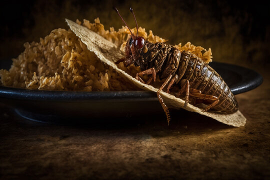 Crickets as a source of protein. Bug on a taco served with rice.   Image created with generative ai.