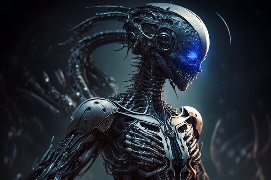 Scary alien biomechanical with blue eyes design concept. Generative ai illustration