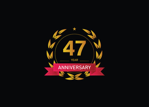 47 year anniversary celebration. Anniversary logo with ring and elegance golden color isolated on black background, vector design for celebration.