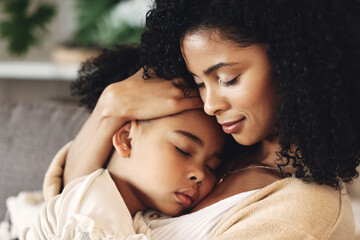 Family, mother with sleeping kid and love, peace and calm with relationship, care and relax at...