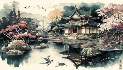 Japan landscape with lake house, birds, fish and lots of flowers, watercolor style with Generative AI Technology.