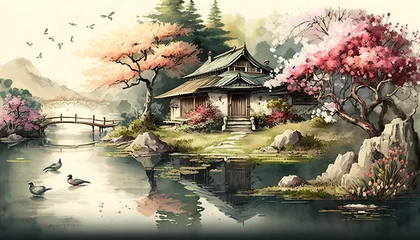 Deurstickers Japan landscape with lake house, birds, fish and lots of flowers, watercolor style with Generative AI Technology. © Tech Hendra