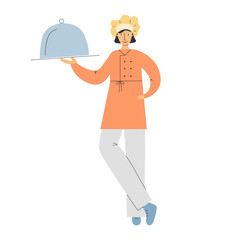 Professional chef woman in uniform with plate
