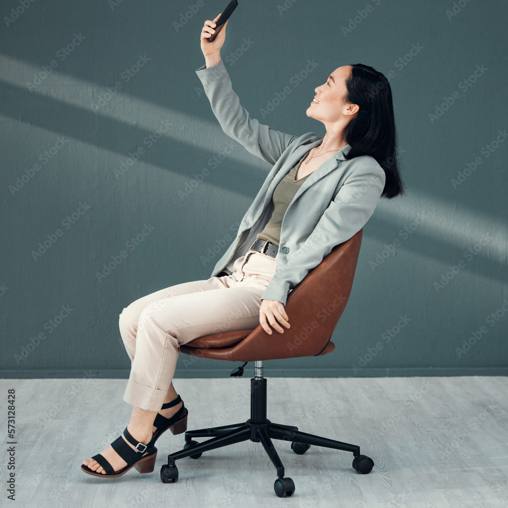 Poster selfie, video call and woman with a phone for connection, internet and communication at work on a ch