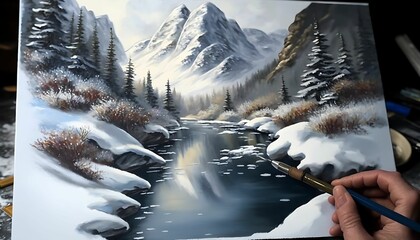 Oil painting a mountain and snowfall with Generative AI Technology.