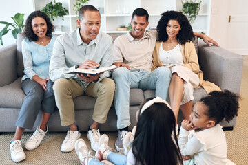 Senior family, children and reading book for learning, teaching and bible knowledge, spiritual development or education. Grandparents, mother and father on sofa and kids listening to holy scripture