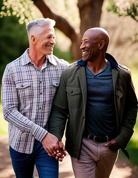 Handsome gay couple in their 50's enjoying a spring day