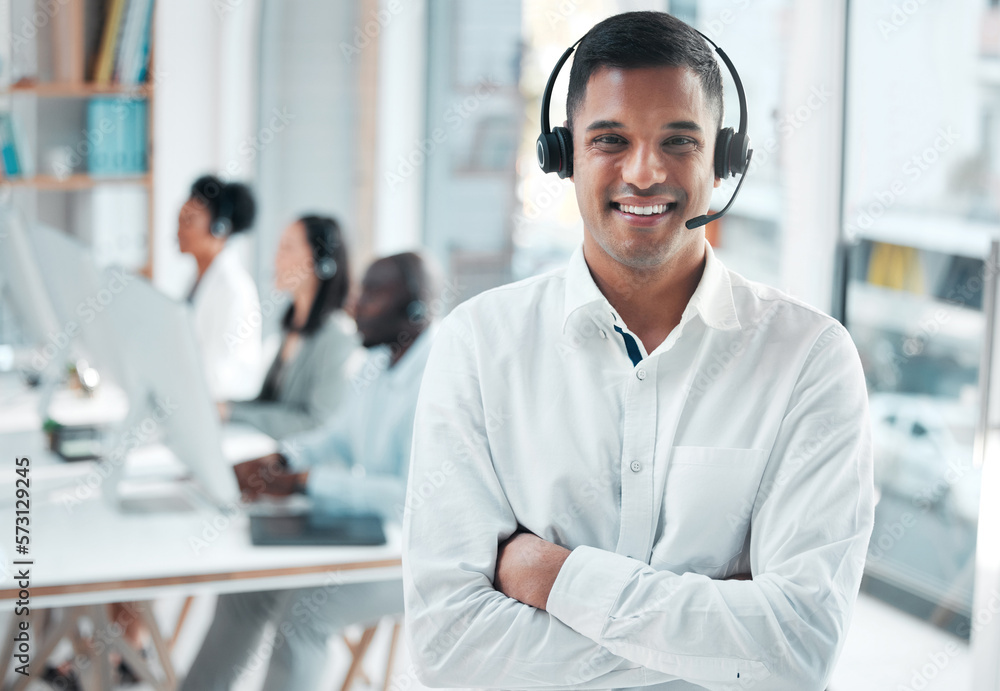 Poster Crm, manager or portrait of man in call center smiles with pride, helping advice or networking online. Face, smile or happy Indian insurance agent in communication at customer services or sales job