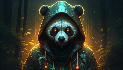 portrait of golden panda wearing a hoodie, cyberpunk style with Generative AI Technology.