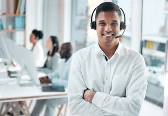 Crm, manager or portrait of man in call center smiles with pride, helping advice or networking...